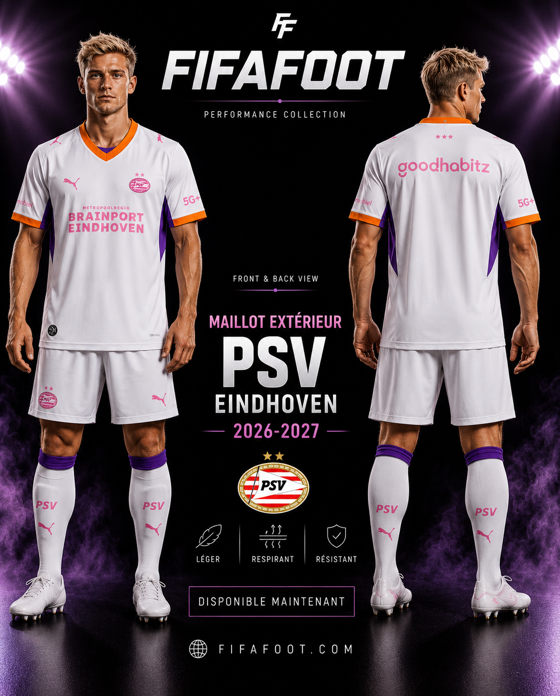 Maillot PSV Eindhoven Extérieur 2026-2027 – Blanc, Rose, Orange et Violet