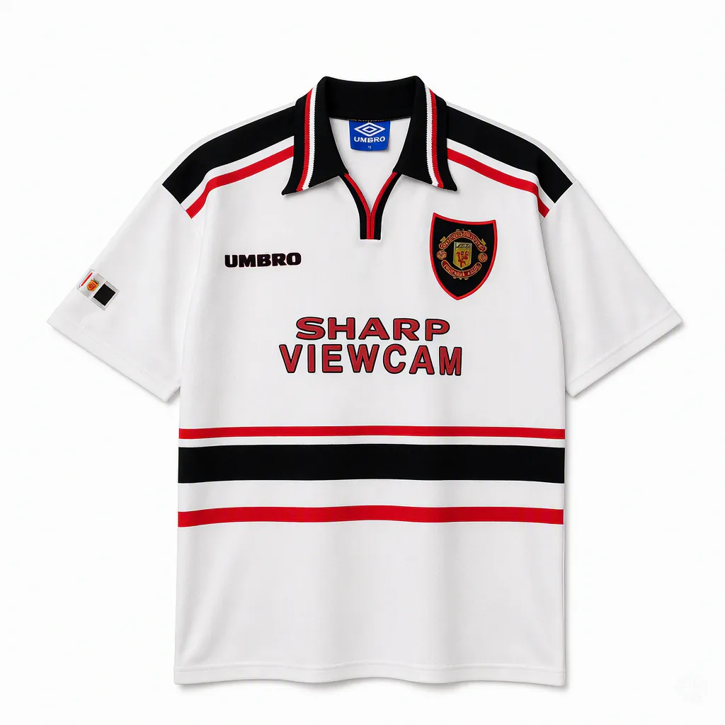 Maillot Manchester United Extérieur 1998-1999 rétro Umbro, blanc à bandes noires et rouges, sponsor Sharp Viewcam, vue de face