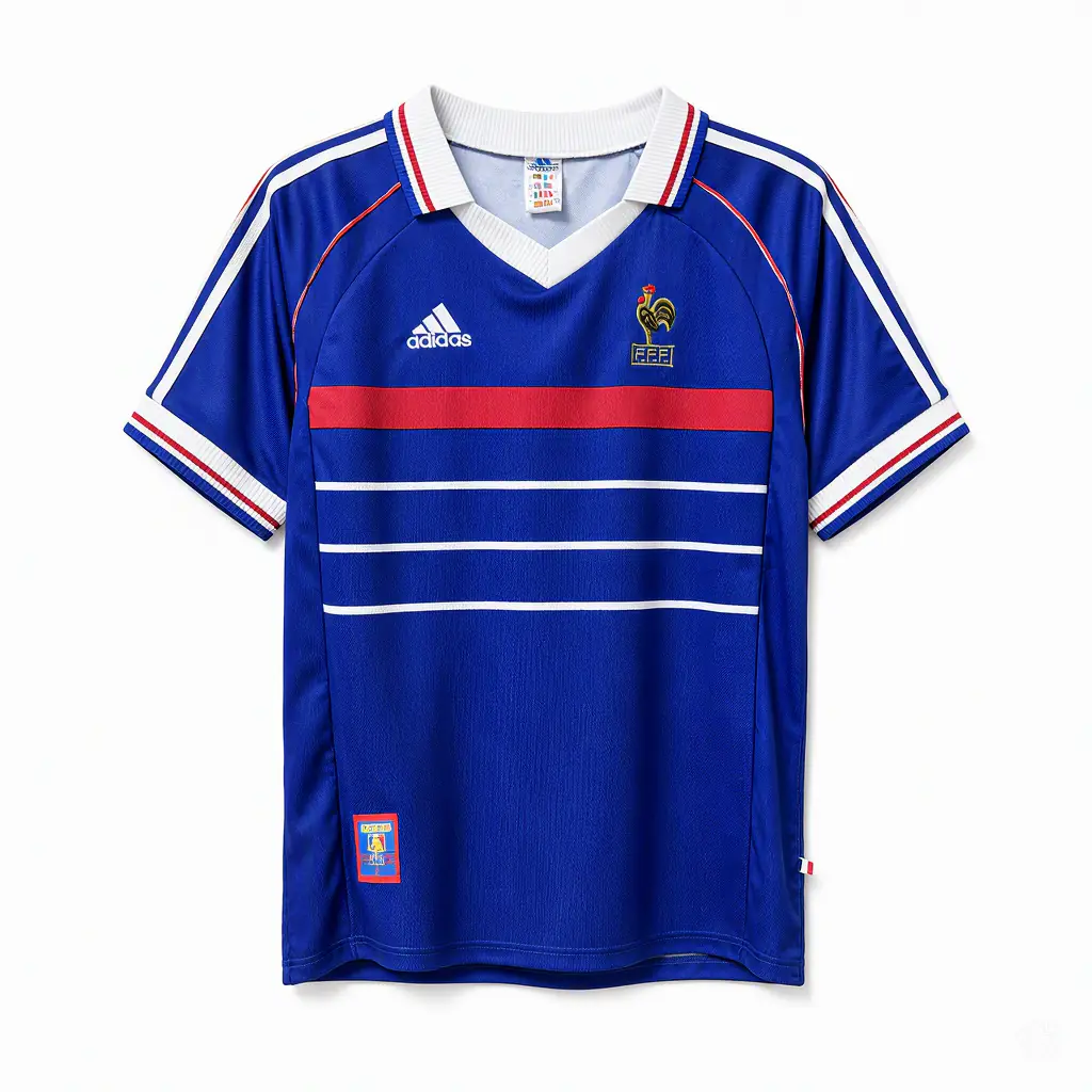 Maillot rétro Équipe de France domicile 1998-1999 adidas, bleu royal avec bande rouge sur la poitrine, vue de face