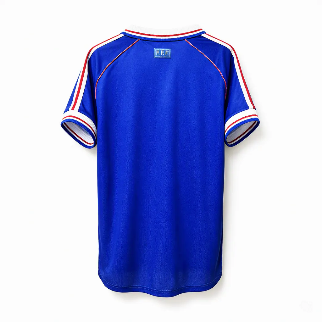 Maillot rétro Équipe de France domicile 1998-1999 adidas, bleu royal avec patch FFF au dos du col, vue de dos