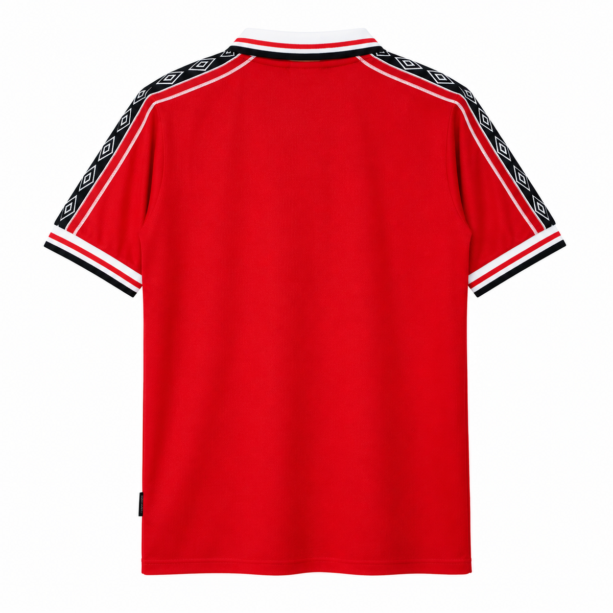 Maillot Manchester United Domicile 1998-1999 rétro Umbro, rouge avec bandes Umbro noires sur les épaules, vue de dos