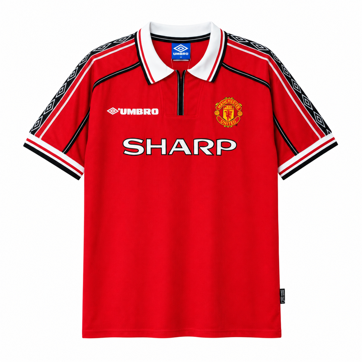 Maillot Manchester United Domicile 1998-1999 rétro Umbro, rouge avec bandes Umbro noires sur les épaules, sponsor Sharp, vue de face