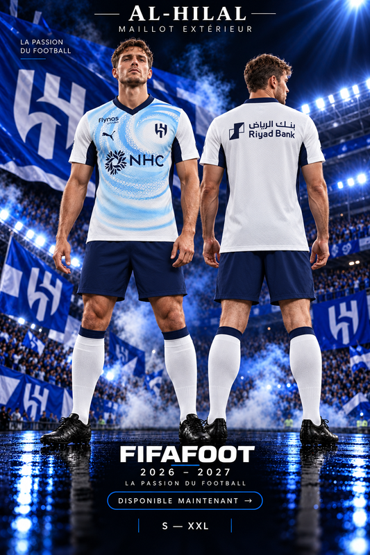 Maillot Al-Hilal extérieur 2026-2027 blanc et bleu ciel — affiche