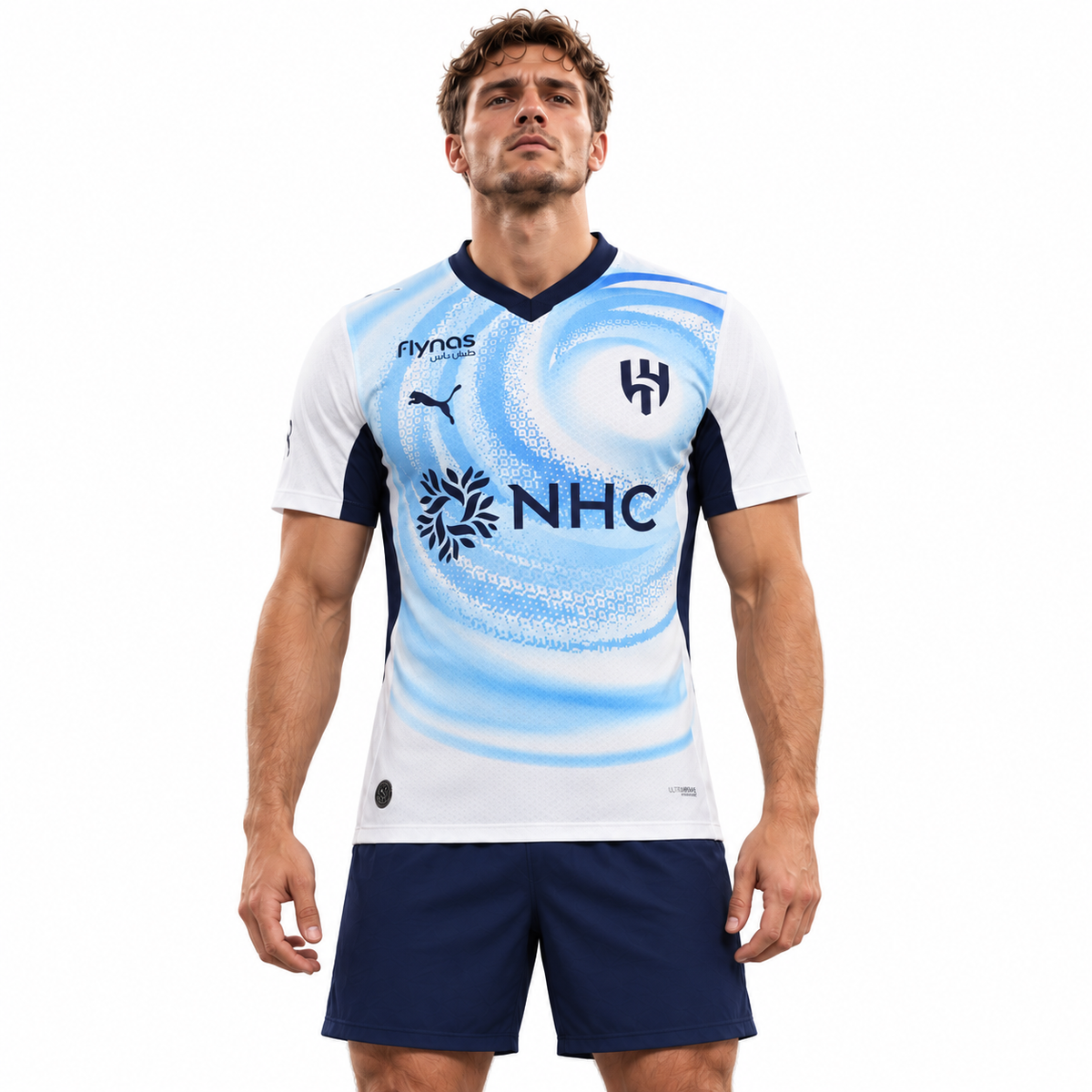 Maillot Al-Hilal extérieur 2026-2027 blanc et bleu ciel — mannequin