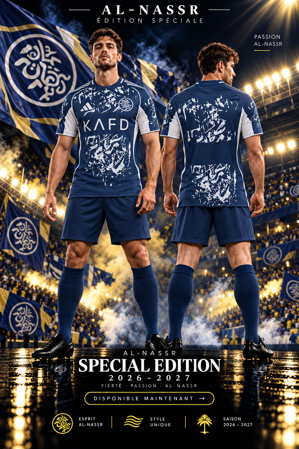 Affiche Al-Nassr 2026–2027 édition spéciale — mannequin face et dos dans le stade