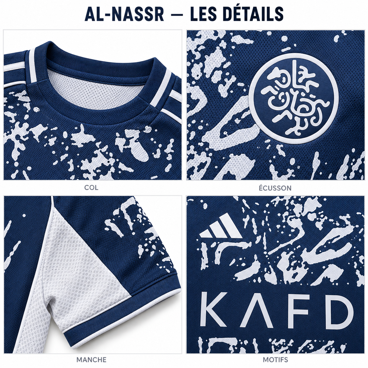 Maillot Al-Nassr 2026–2027 édition spéciale bleu marine — gros-plans
