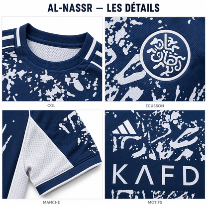 Maillot Al-Nassr 2026–2027 édition spéciale bleu marine — gros-plans