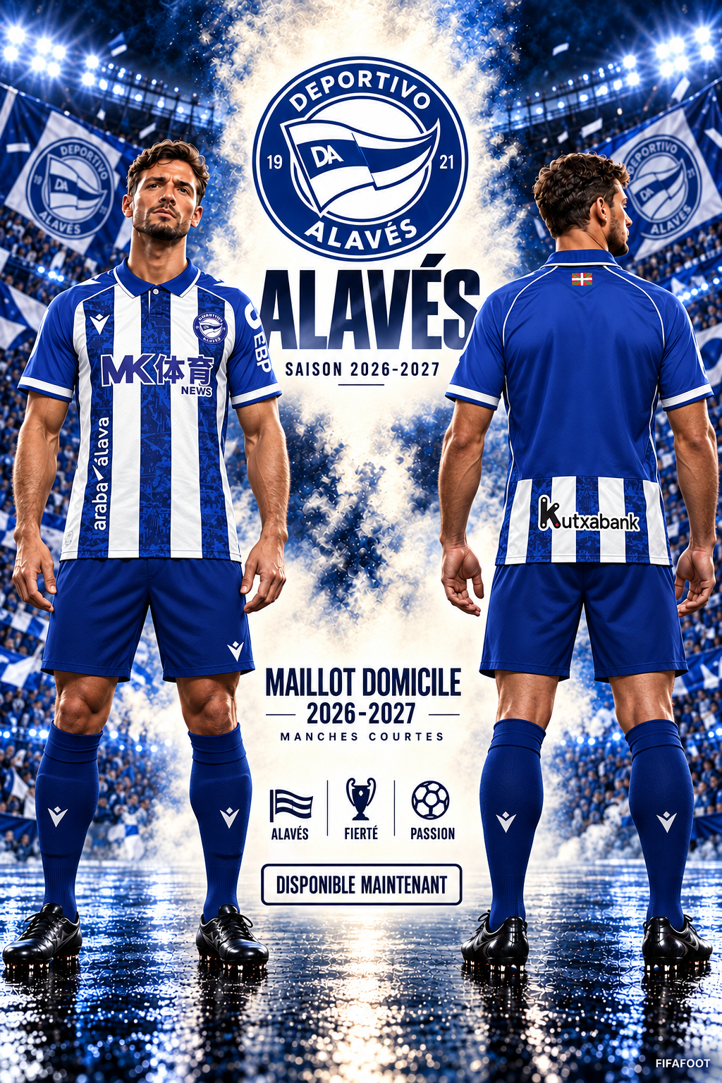 Affiche Alavés domicile 2026-2027 mannequin brun portant le maillot de face et de dos