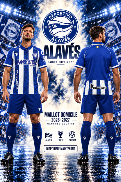 Affiche Alavés domicile 2026-2027 mannequin brun portant le maillot de face et de dos