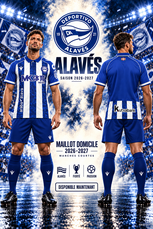 Affiche Alavés domicile 2026-2027 mannequin brun portant le maillot de face et de dos