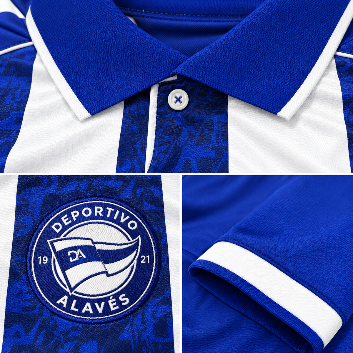 Gros plans du col polo de l’écusson et des manches du maillot Alavés domicile 2026-2027