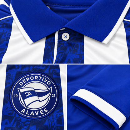 Gros plans du col polo de l’écusson et des manches du maillot Alavés domicile 2026-2027