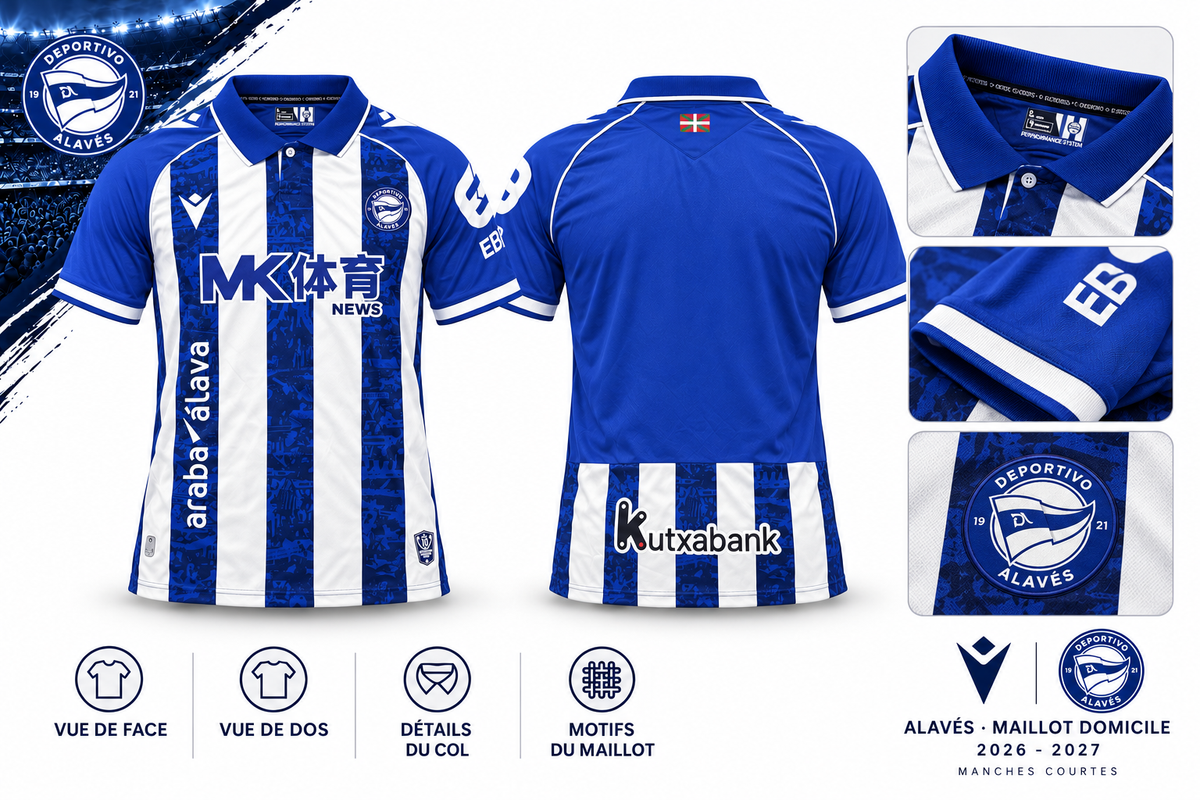 Présentation maillot Alavés domicile 2026-2027 face dos col manches et écusson