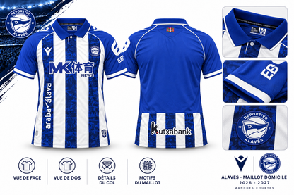 Présentation maillot Alavés domicile 2026-2027 face dos col manches et écusson