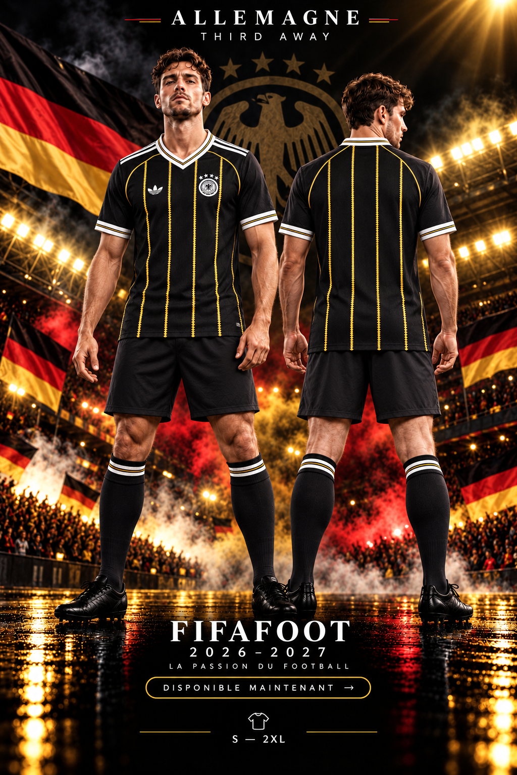 Affiche Allemagne Third Away 2026-2027 — mannequin face et dos dans un stade