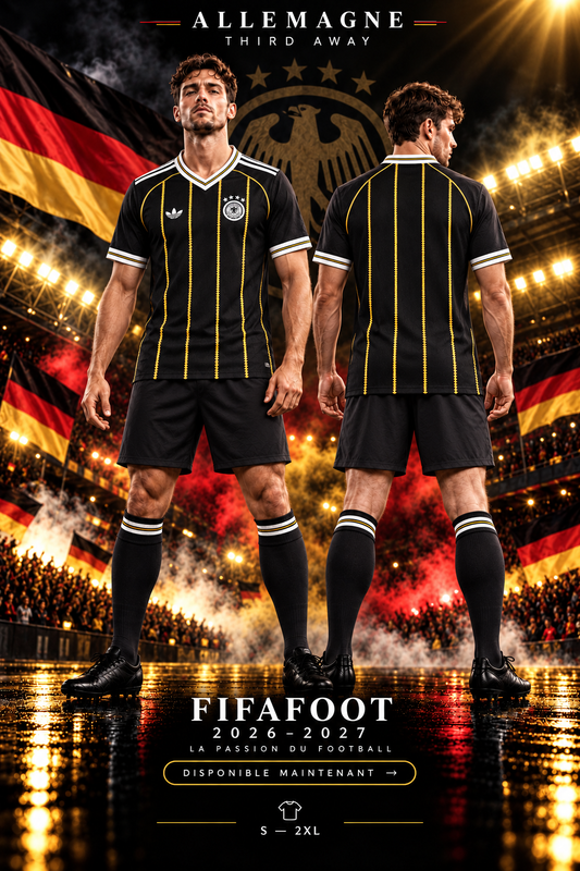 Affiche Allemagne Third Away 2026-2027 — mannequin face et dos dans un stade
