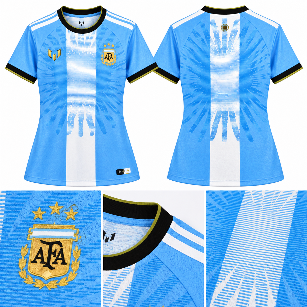 Détails maillot Argentine Messi Farewell commémoratif femme 2026 : écusson AFA, col noir et motif rayonnant