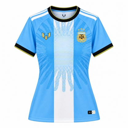 Maillot Argentine Messi Farewell commémoratif femme 2026, vue de face sur fond blanc