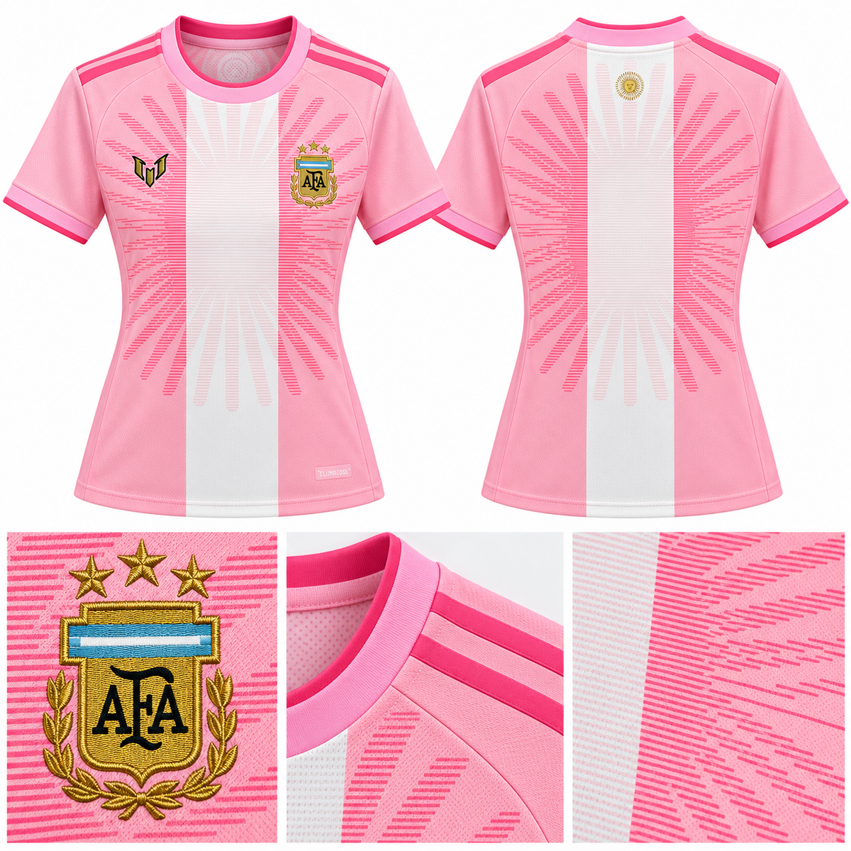 Détails maillot Argentine Messi Farewell commémoratif femme rose 2026 : écusson AFA, col et motif rose