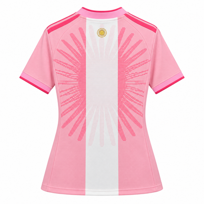 Maillot Argentine Messi Farewell commémoratif femme rose 2026, vue de dos sur fond blanc