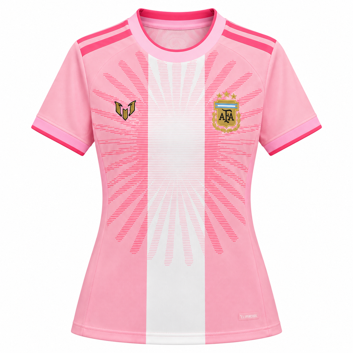 Maillot Argentine Messi Farewell commémoratif femme rose 2026, vue de face sur fond blanc