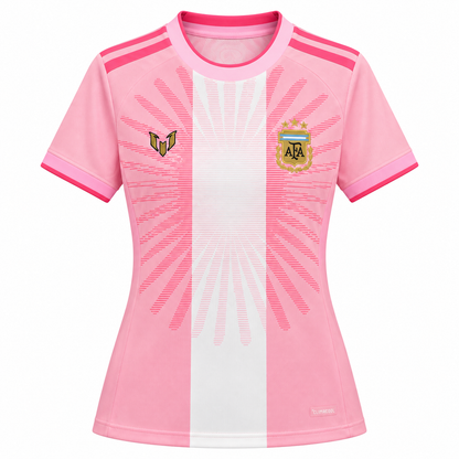 Maillot Argentine Messi Farewell commémoratif femme rose 2026, vue de face sur fond blanc