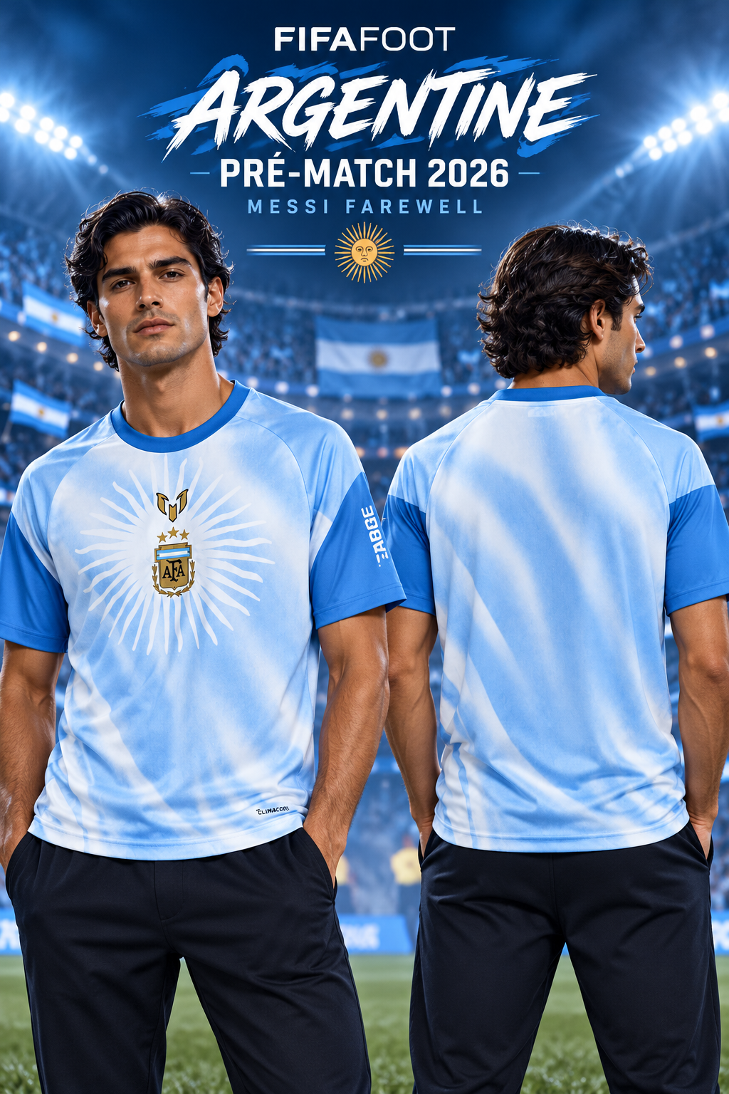 Affiche FIFAFOOT maillot Argentine pré-match 2026 Messi Farewell bleu ciel, mannequin de face et de dos