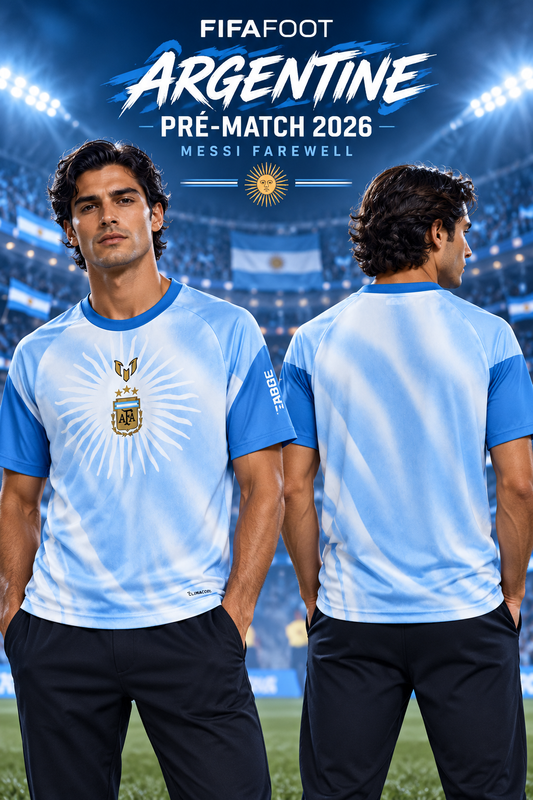 Affiche FIFAFOOT maillot Argentine pré-match 2026 Messi Farewell bleu ciel, mannequin de face et de dos