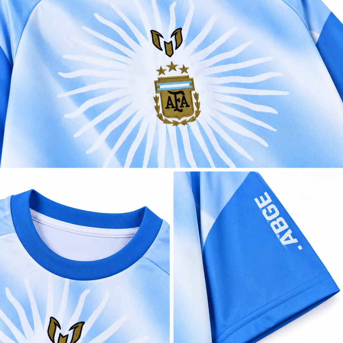 Détails maillot Argentine pré-match 2026 Messi Farewell : emblèmes dorés, rayons blancs et col bleu