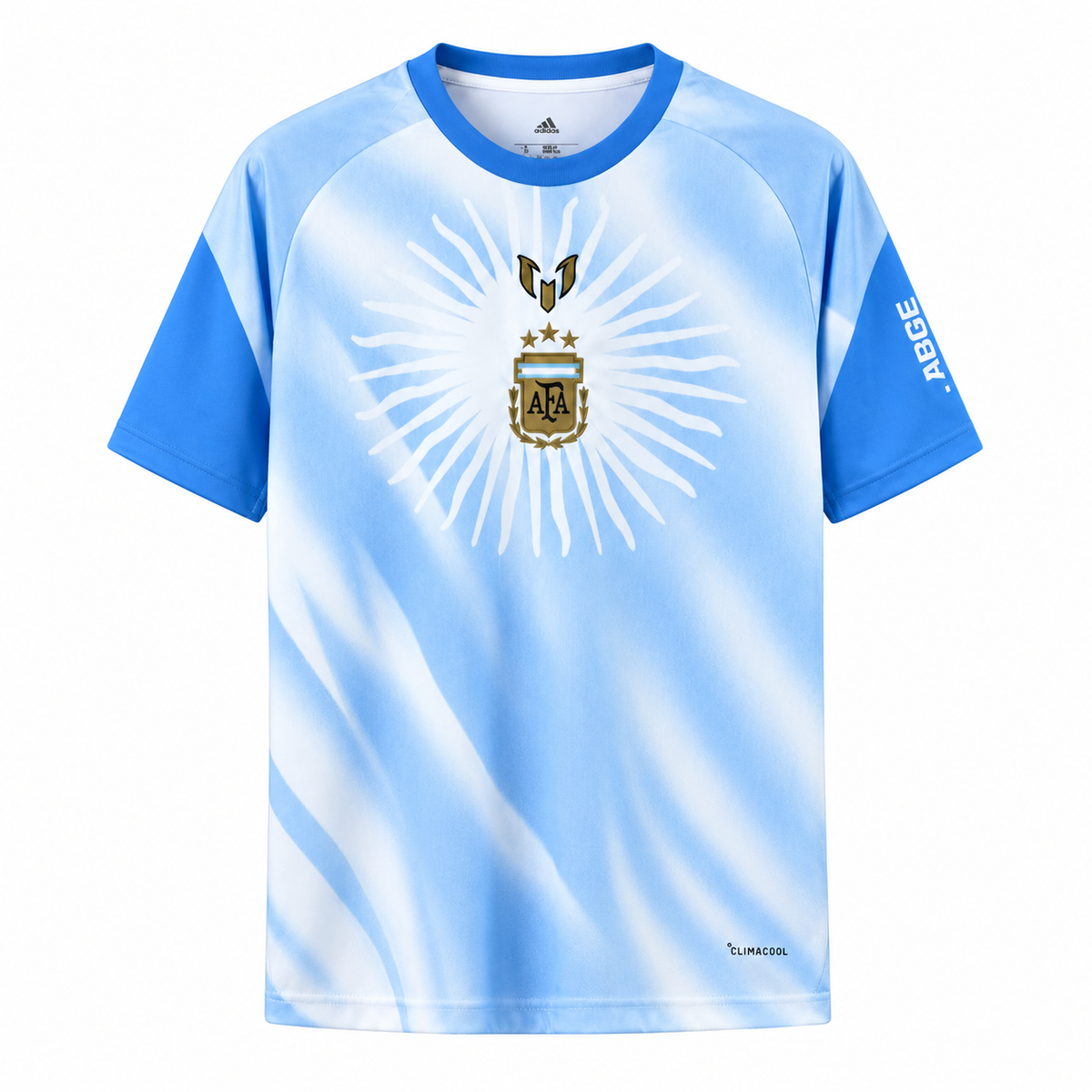 Maillot Argentine pré-match 2026 Messi Farewell bleu ciel, vue de face sur fond blanc