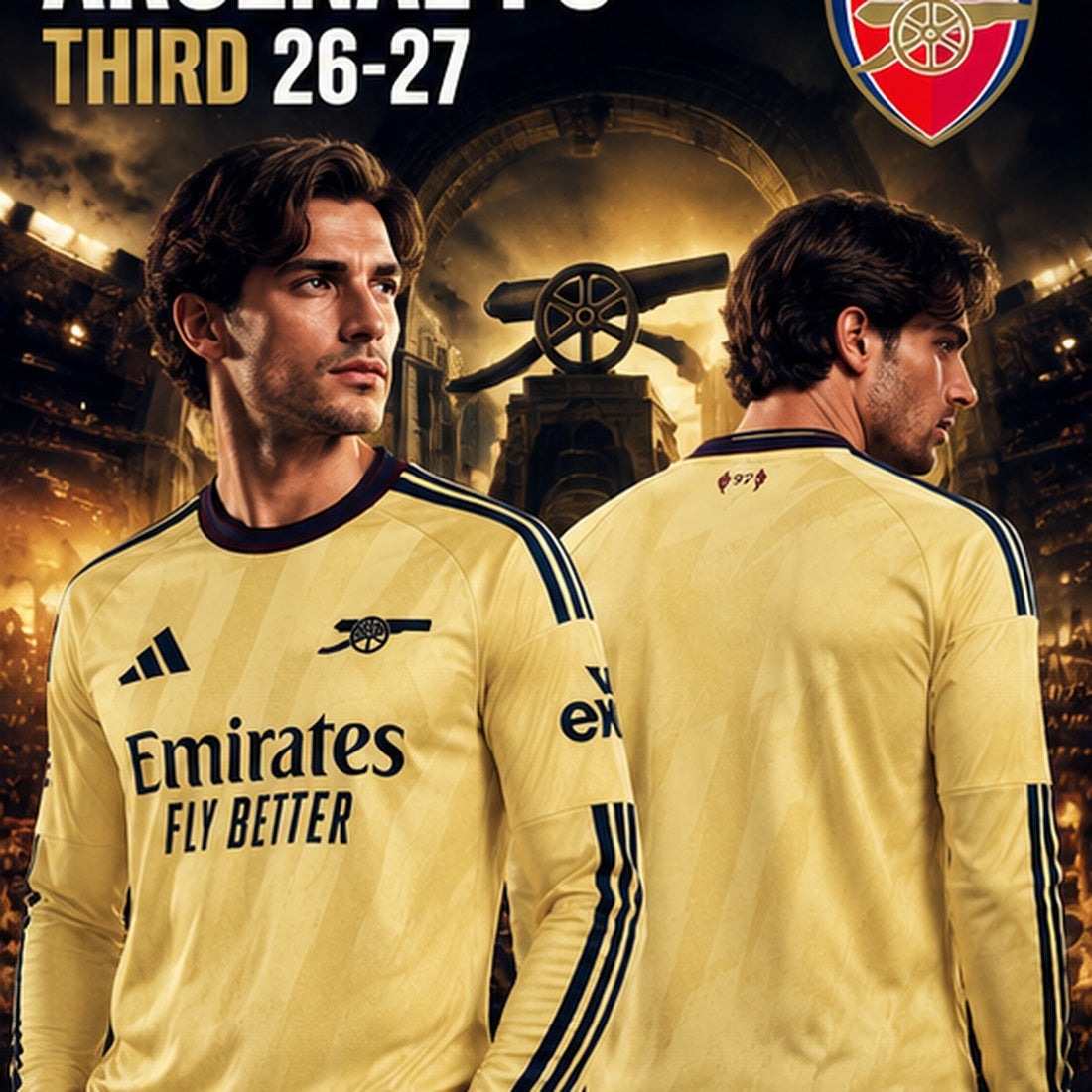 Affiche premium Arsenal FC Third 2026-2027 manches longues, mannequin masculin face et dos