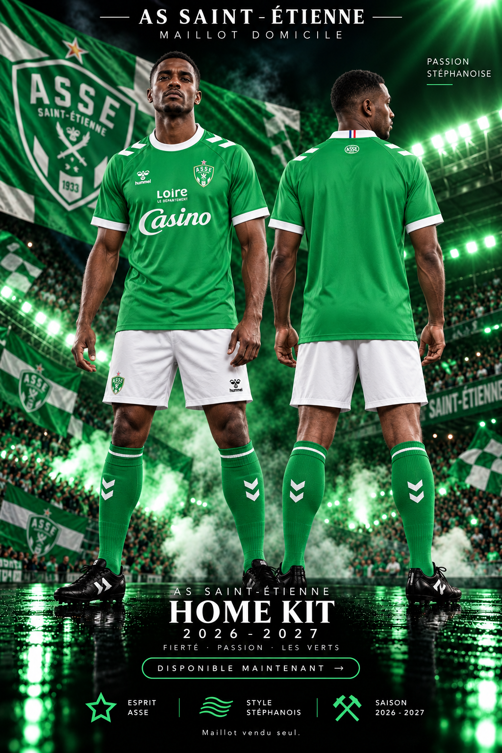 Affiche AS Saint-Étienne domicile 2026-2027, mannequin face et dos dans un stade vert et blanc