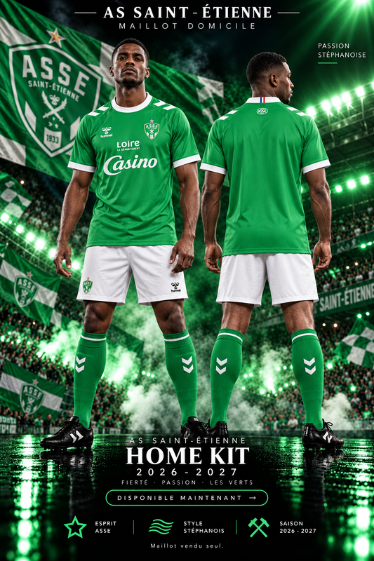 Affiche AS Saint-Étienne domicile 2026-2027, mannequin face et dos dans un stade vert et blanc