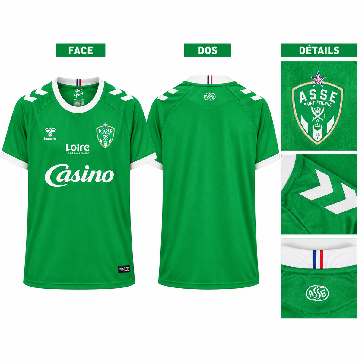 AS Saint-Étienne domicile 2026-2027, face dos et détails écusson chevrons et col tricolore sur fond blanc