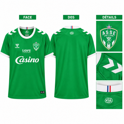 AS Saint-Étienne domicile 2026-2027, face dos et détails écusson chevrons et col tricolore sur fond blanc