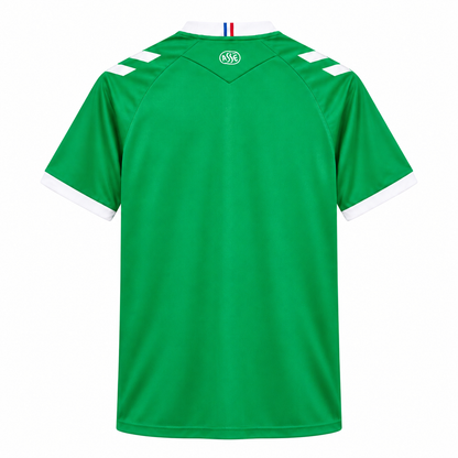 AS Saint-Étienne domicile 2026-2027, dos vert avec col tricolore sur fond blanc