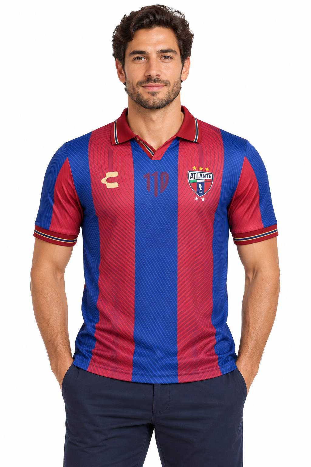 Maillot Atlante FC domicile 2026-2027 rouge et bleu – Maillot porté de face