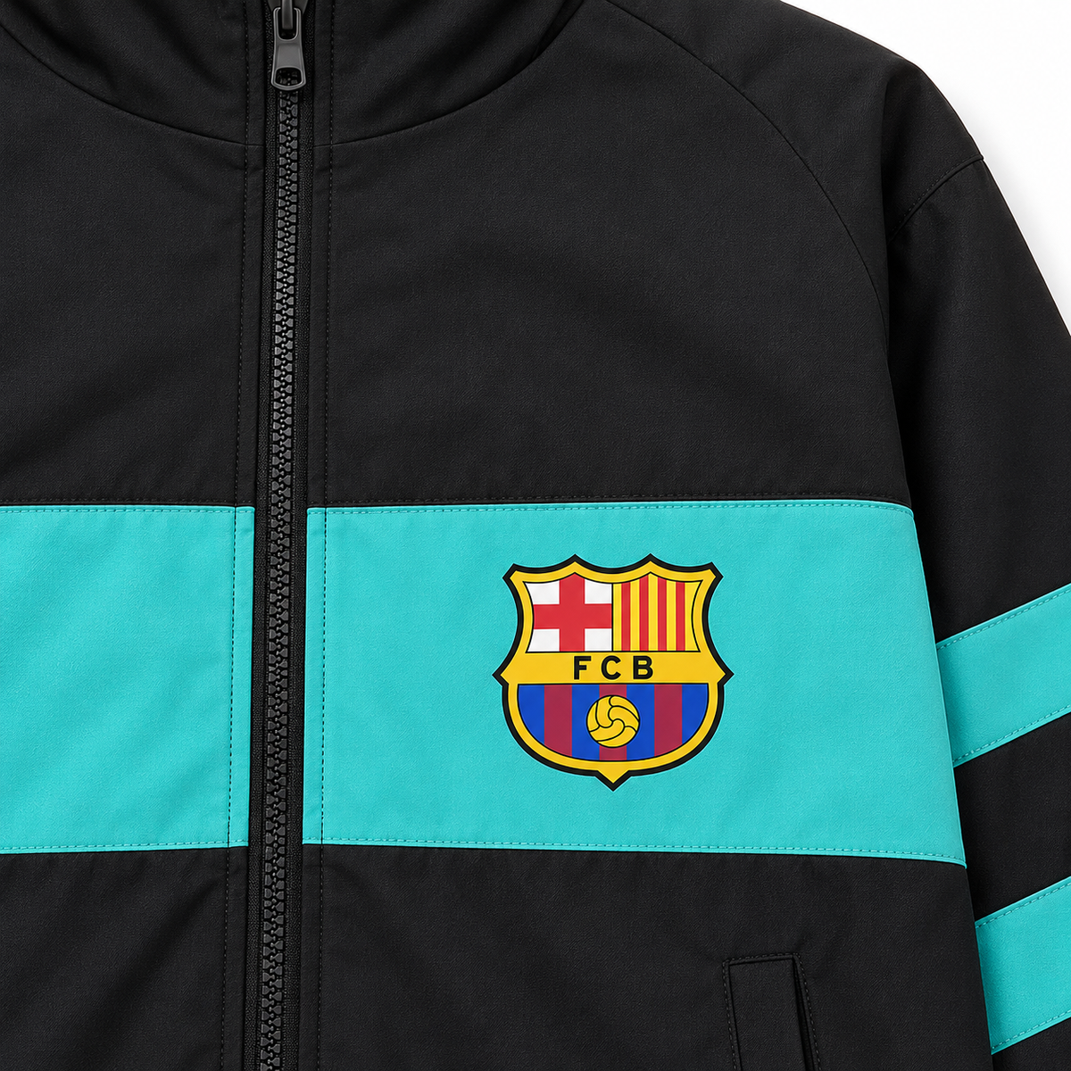 Détail du blason et de la fermeture du coupe-vent FC Barcelone
