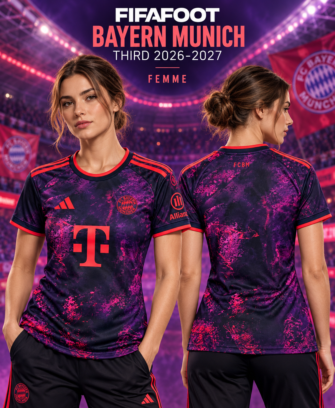 Affiche FIFAFOOT du maillot Bayern Munich third femme 2026-2027, mannequin de face et de dos