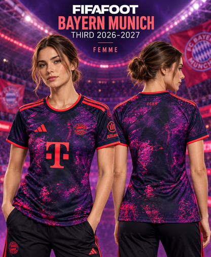 Affiche FIFAFOOT du maillot Bayern Munich third femme 2026-2027, mannequin de face et de dos