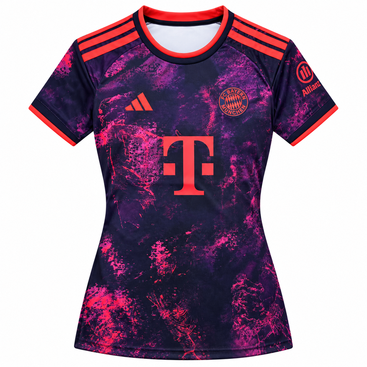 Maillot Bayern Munich third femme 2026-2027 violet et rose, vue de face sur fond blanc