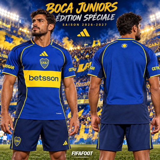 Affiche FIFAFOOT — maillot Boca Juniors édition spéciale 2026-2027 porté de face et de dos