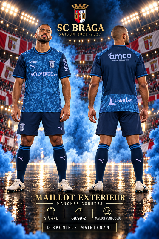 Affiche SC Braga extérieur bleu 2026-2027 mannequin face et dos