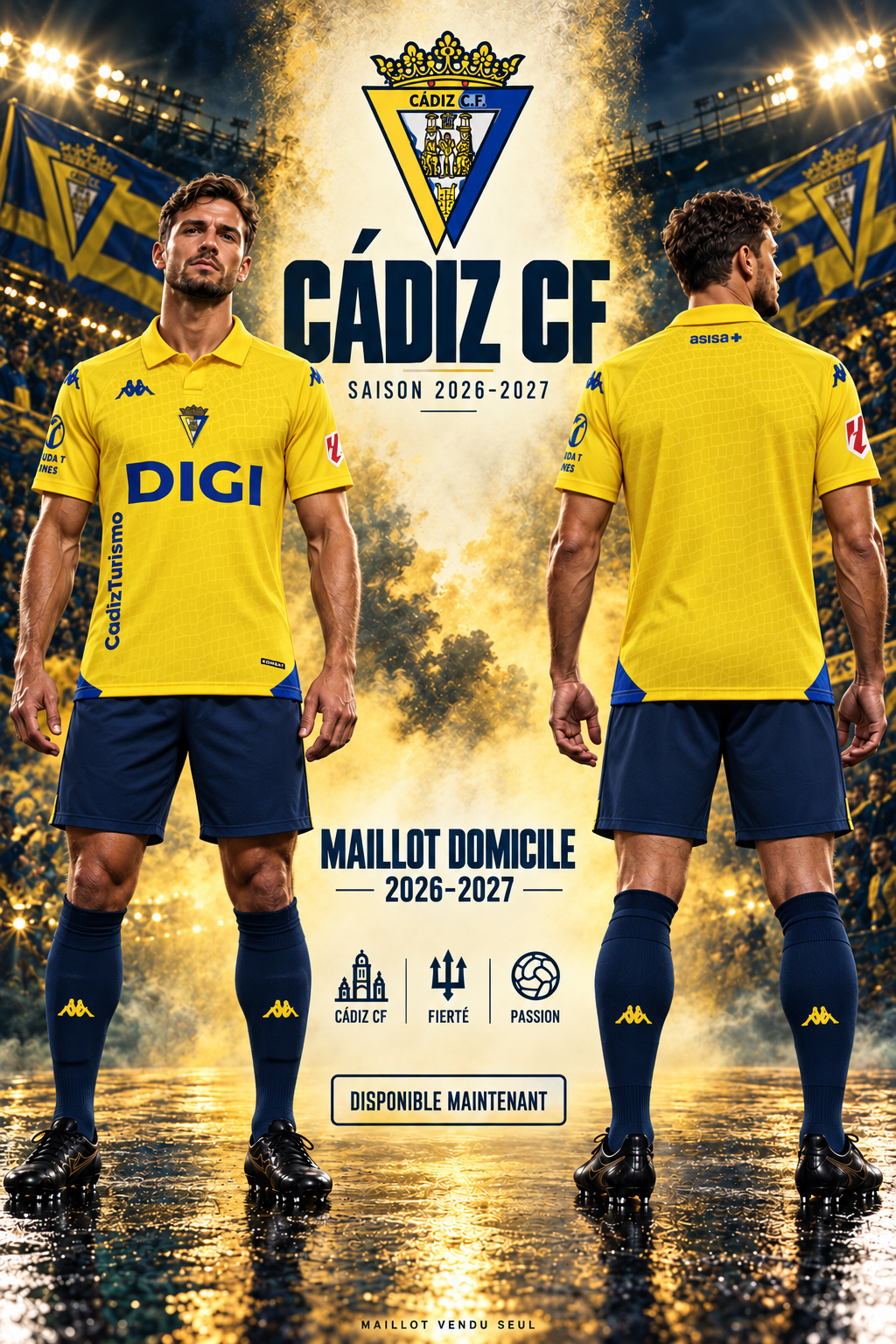 Maillot Cádiz CF domicile 2026-2027 – affiche premium mannequin face et dos