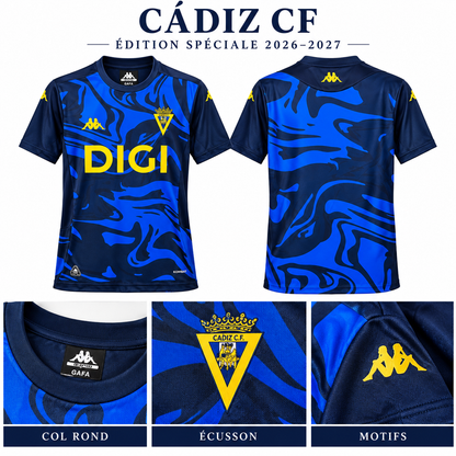 Maillot Cádiz CF édition spéciale 2026-2027 – présentation face, dos et détails