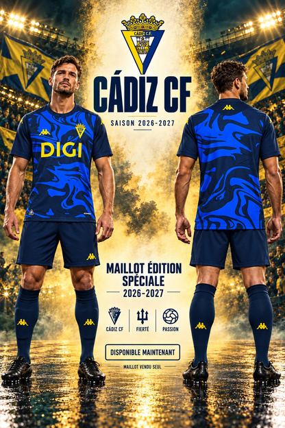 Maillot Cádiz CF édition spéciale 2026-2027 – affiche mannequin face et dos