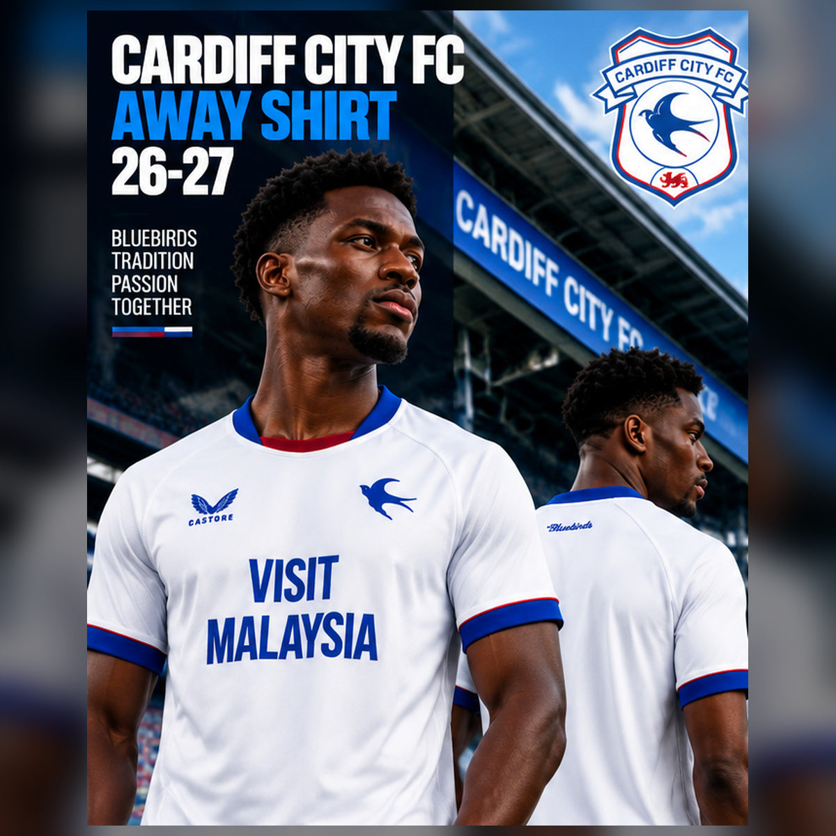 Affiche premium Cardiff City extérieur 2026-2027, mannequins noirs face et dos