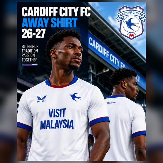 Affiche premium Cardiff City extérieur 2026-2027, mannequins noirs face et dos