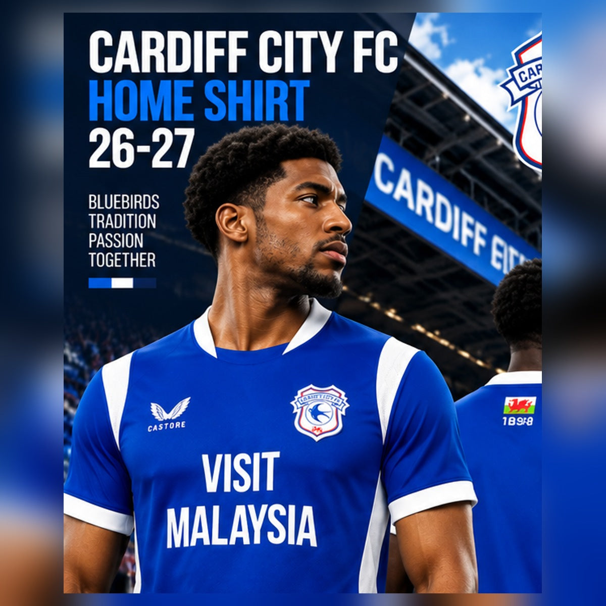 Cardiff City FC domicile 2026-2027 – affiche premium avec mannequin de face et de dos