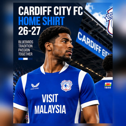 Cardiff City FC domicile 2026-2027 – affiche premium avec mannequin de face et de dos